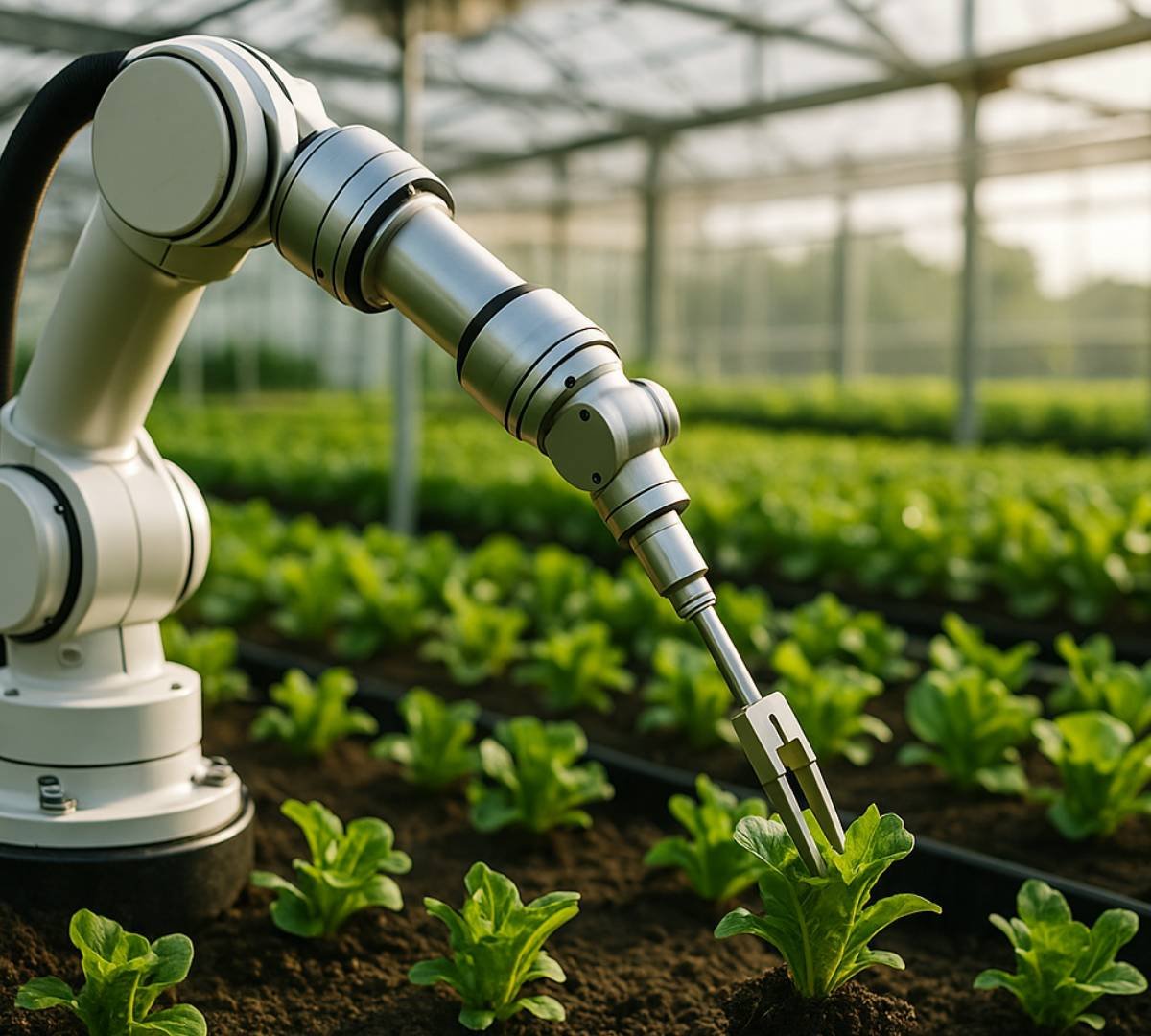 Photorealistic image of a robot tending crops in a futuristic greenhouse, representing AI, sustainability, and the future of food technology